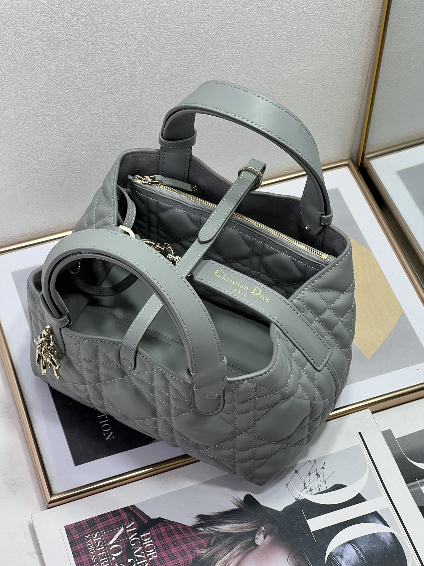 Small Dior Toujours Bag Gray Macrocannage Calfskin